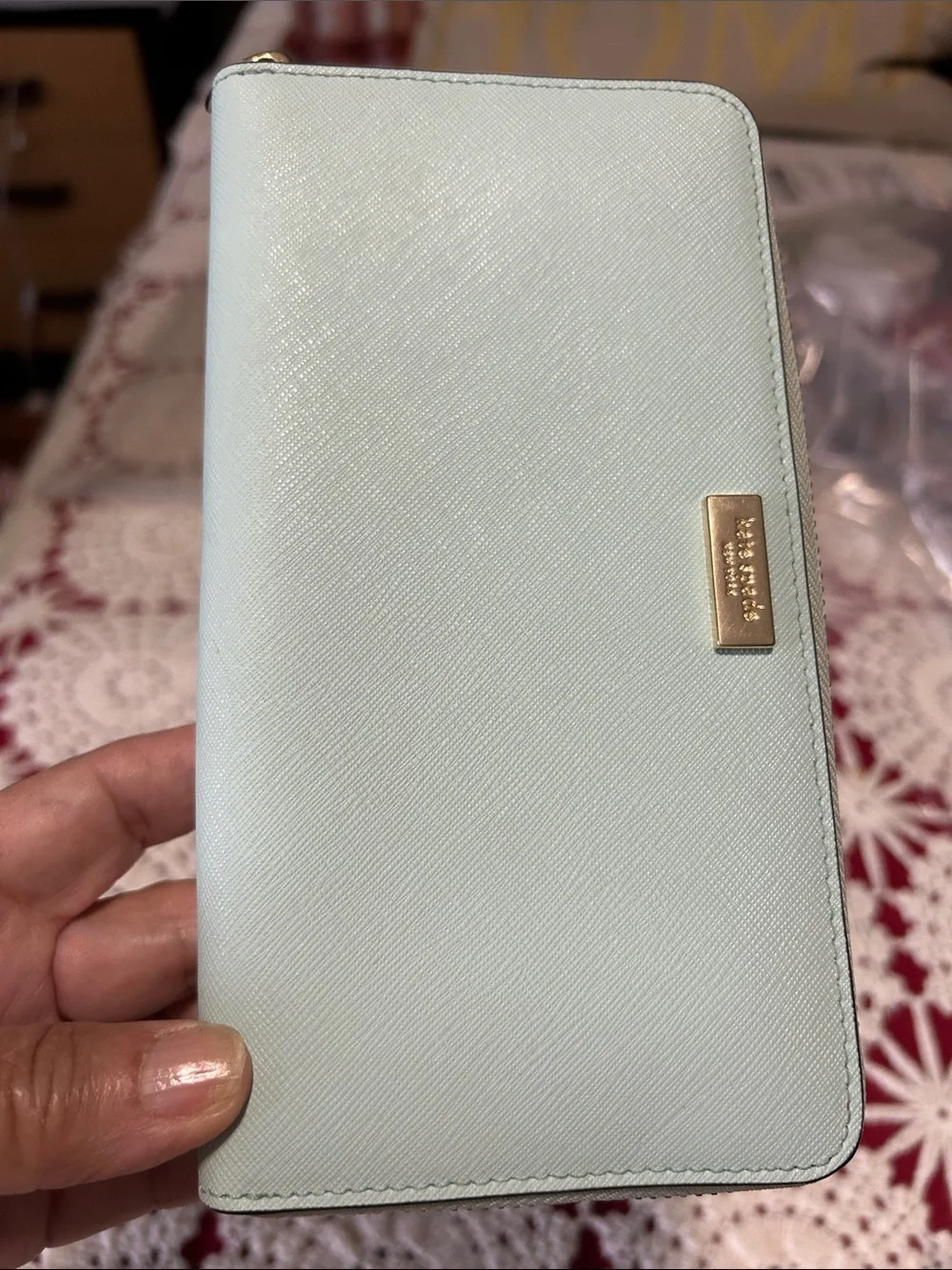kate spade Pale Blue Saffiano Zip Around Wallet with Gold Plaque